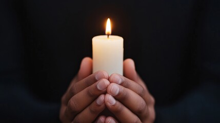 Closeup of hands clasped in prayer, with a glowing candle in the background, set against a dark background 