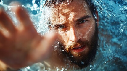 Closeup of Jesus Christ's hand reaching out to save Peter from drowning, with water splashing and intense expressions on both faces, photorealistic detail 