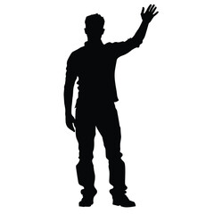 Silhouette of a man waving in a friendly gesture on a white background.