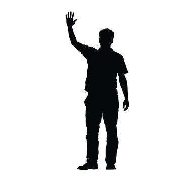 recommend clip art: Silhouette of a man raising his hand in a waving gesture on a white background.
