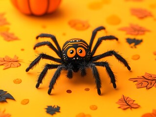 Obraz premium Cute Cartoon Spider Against Autumn Leaves and Pumpkin Pattern Background