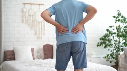 Back pain, kidney stones, inflammation and disease, man suffering from backache at home, health problems concept