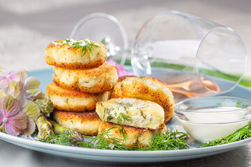 Fried cottage cheese pancakes syrniki with dill and asparagus on a blue plate served with sour cream and wine.