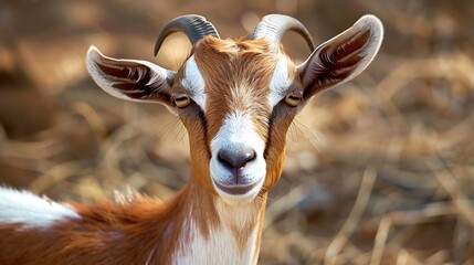 Fototapeta premium A close up of a brown and white colored young male goat
