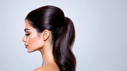 Naklejka premium Dark mahogany hair in a high ponytail, showcasing its deep tones, isolated on a white gradient background 