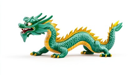 Obraz premium Detailed Chinese dragon in jade green and gold twisting mid-flight flowing mane and fierce expression isolated on a pristine white background 