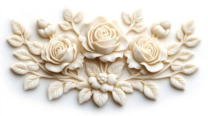 Elegant butter sculpture of blooming roses and vines intertwined, isolated on a white background with delicate shadows emphasizing the intricate carvings 