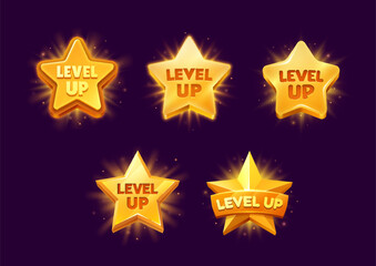 Level up rank, game star badges or pop up icons. Isolated vector golden, award gui or ui medals, shiny rank achievement. Rating bonus stars, winner or champion appreciation menu interface elements set © Buch&Bee