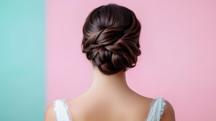 Elegant updo of dark mahogany hair with subtle highlights, set against a soft pastel background 