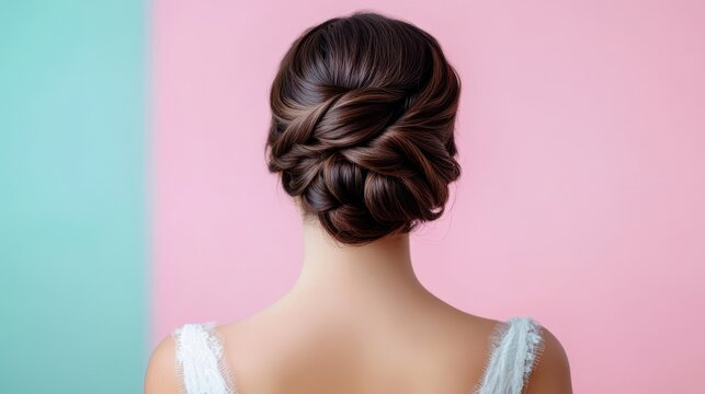 Elegant updo of dark mahogany hair with subtle highlights, set against a soft pastel background 