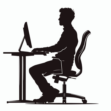 recommend clip art: Silhouette of a man working at a desk with a computer in an ergonomic chair.