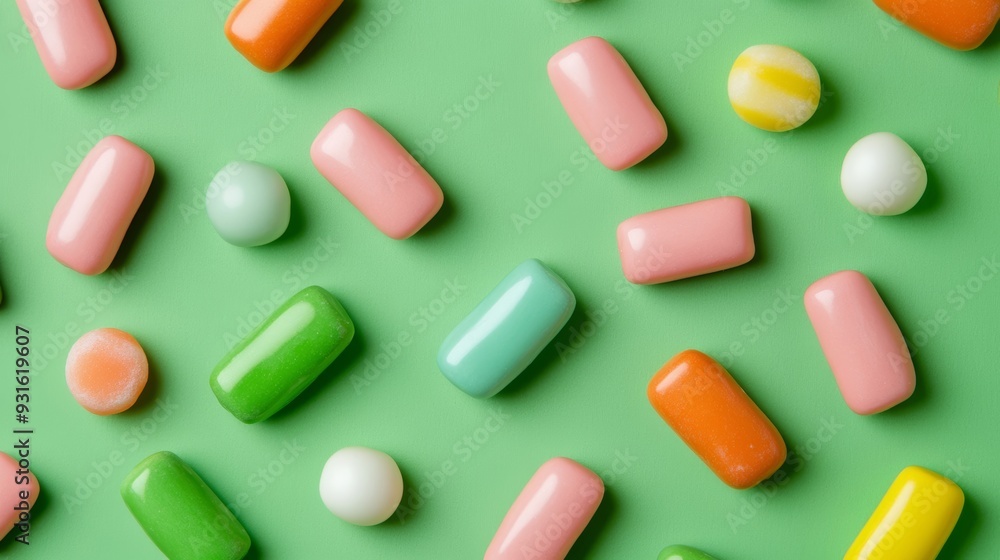 Poster flat lay of unwrapped pieces of bubble gum in various colors and shapes, arranged in a fun pattern o