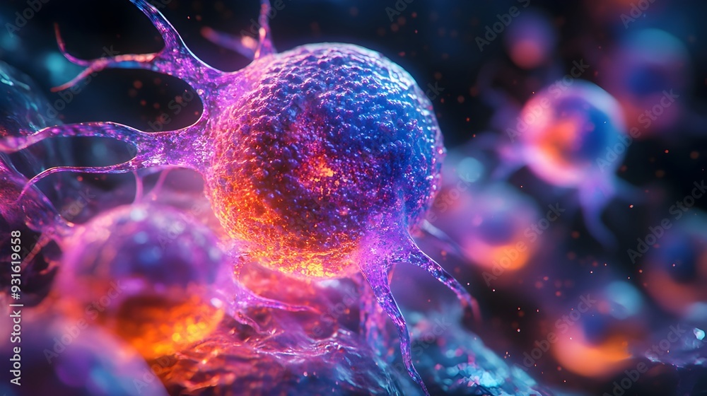 Poster a detailed abstract image showcasing the intricate cellular structure of cancer cells captured under