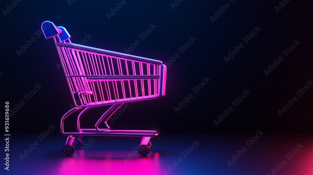 Poster futuristic shopping cart with holographic discounts floating around, isolated on a dark gradient bac