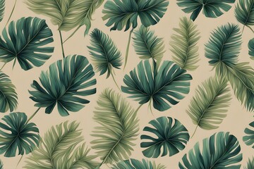 Fototapeta premium A tropical palm leaf pattern with vibrant greens on a sandy beige background, AI Generated