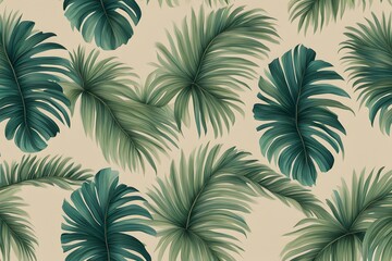 A tropical palm leaf pattern with vibrant greens on a sandy beige background, AI Generated