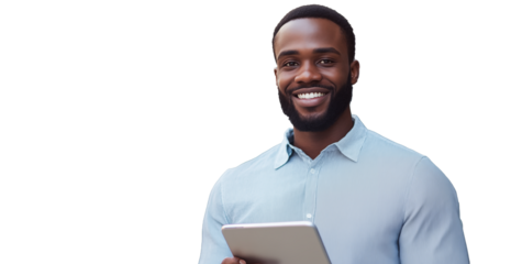Black man with ipad looking at the camera on transparent background