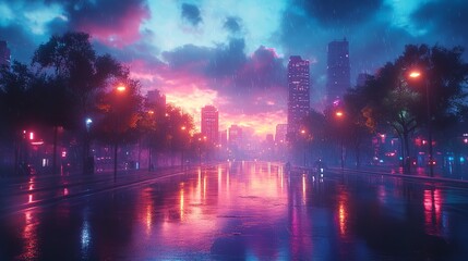 Obraz premium Sunrise Serenity Witness the breathtaking beauty of a sunrise over the horizon, as the sky is painted in hues of pink, purple, and gold. Silhouetted trees stand in stark relief against the dawn sky