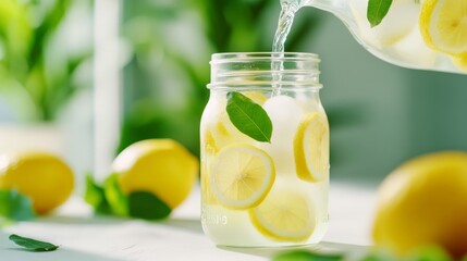 Hand pouring lemonade from a vintage glass pitcher into a mason jar bright sunlit kitchen scene with lemons and green leaves scattered around refreshing summer drink concept 