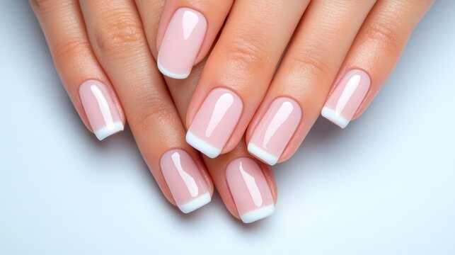 Hands with a soft French manicure, nails featuring a delicate white tip over a pale pink base, against a light, textured background 
