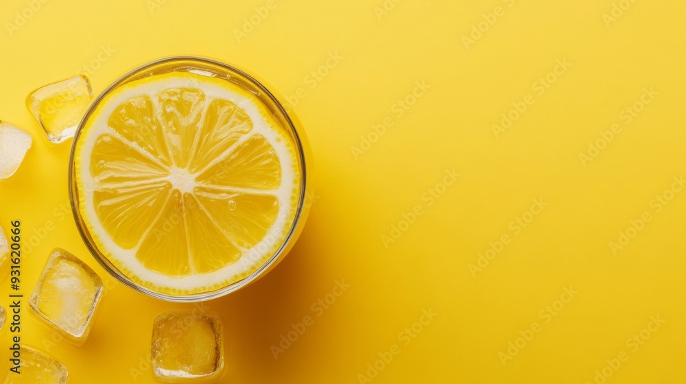 Poster minimalistic flat lay of a lemon slice floating in sparkling lemonade with ice cubes isolated on a p