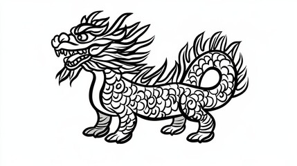 Obraz premium Minimalist Chinese dragon design in bold black lines fluid curves forming a sleek silhouette with swirling tendrils and fierce eyes isolated on white background 