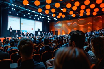 A conference setting with speakers and an audience engaged in discussion.