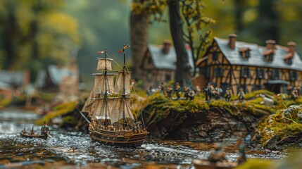 A detailed miniature diorama showcasing a historical scene with a sailing ship navigating through a river, surrounded by figures and half-timbered houses