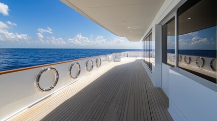 Obraz premium The deck showcases life rings and jackets, with the vast ocean and bright sky stretching beyond, creating a serene maritime atmosphere