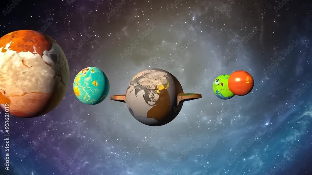 Poster Abstract Representation of Earth Surrounded by Colorful Planets Generative AI