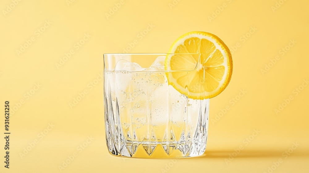 Poster refreshing lemonade in a crystal glass with a lemon wheel garnish sparkling droplets on the rim isol