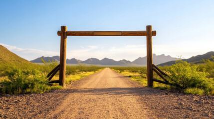 Ranch-style entrance gate with a handcrafted metal sign and log beams leading into a dusty dirt road surrounded by desert shrubs and distant hills 