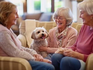 Three elderly women are sitting on a couch with a dog at the nursing home