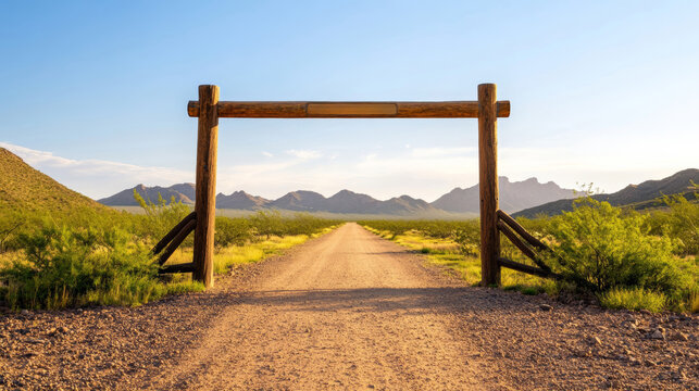 Ranch-style entrance gate with a handcrafted metal sign and log beams leading into a dusty dirt road surrounded by desert shrubs and distant hills 