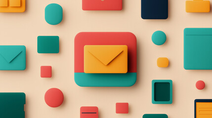 Fototapeta premium Flat design of colorful email and file icons arranged in a grid layout, representing communication and digital organization tools.