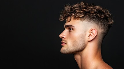 Fototapeta premium Side view of a Broccoli head haircut with a slight wave pattern in the curls, contrasted by the clean, tight fade, black background 