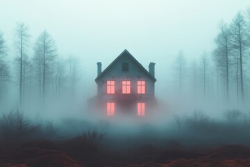 A Mysterious Haunting: A Glowing House Surrounded by Shrouded Fog in the Twilight of Dusk and Spookiness, Invites Curious Glances