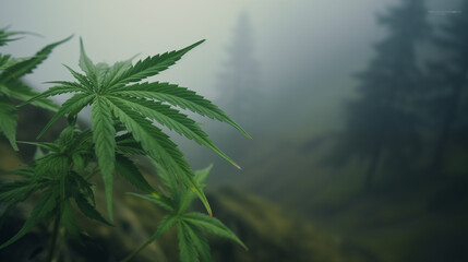 Close-Up Of Cannabis Leaf In Foggy Forest Misty Atmosphere Nature And Plants