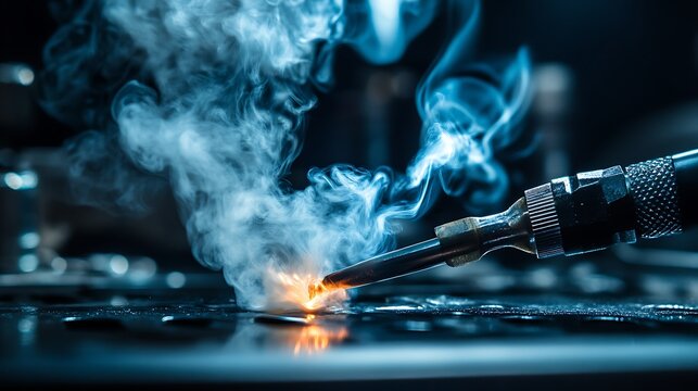 A soldering iron with smoke rising from it, as it is used to solder a piece of metal.
