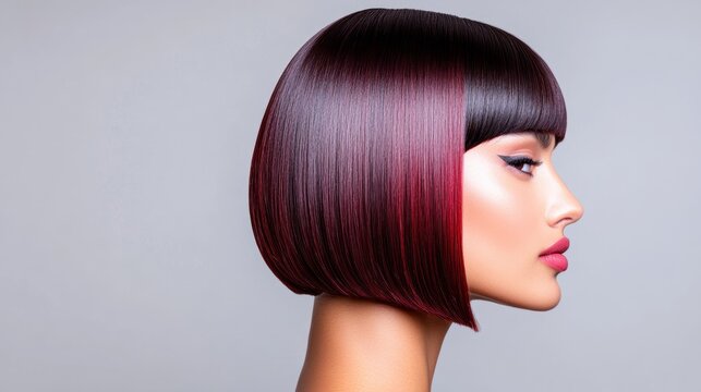 Side view of dark mahogany hair in a sleek bob cut, set against a minimalist grey background 