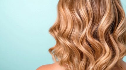 Naklejka premium Side view of wavy hair being styled with a leave-in conditioner, showcasing the soft, touchable waves, in a home setting 