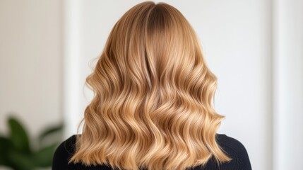 Fototapeta premium Side view of wavy hair being styled with a leave-in conditioner, showcasing the soft, touchable waves, in a home setting 