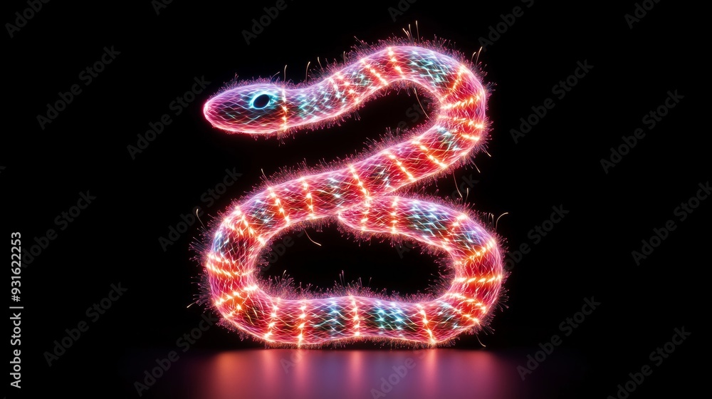 Poster snake symbol made of intertwining fireworks, each segment bursting with colors, forming the shape of