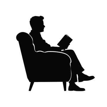 recommend clip art: Silhouette of a man reading a book while seated in a comfortable chair, isolated on a white background.