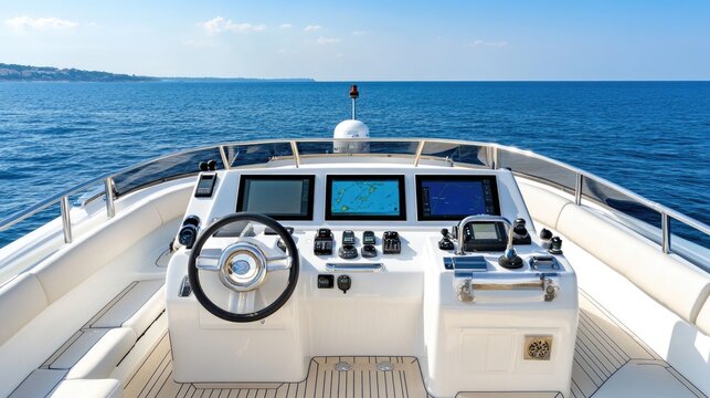 A stylish yacht's cockpit showcases a steering wheel and navigation screen, set against a backdrop of sunny skies and serene blue waters