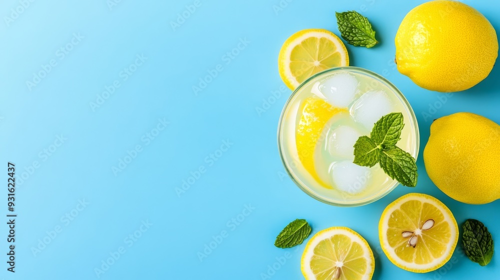 Poster top view of a frosty lemonade with ice cubes floating lemon slices and sprigs of mint isolated on a 
