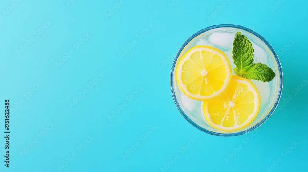Poster top view of a frosty lemonade with ice cubes floating lemon slices and sprigs of mint isolated on a 