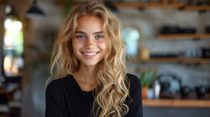 Fototapeta premium A young woman with long blonde hair and a radiant smile stands in a warmly lit room, showcasing her natural beauty and joyful expression