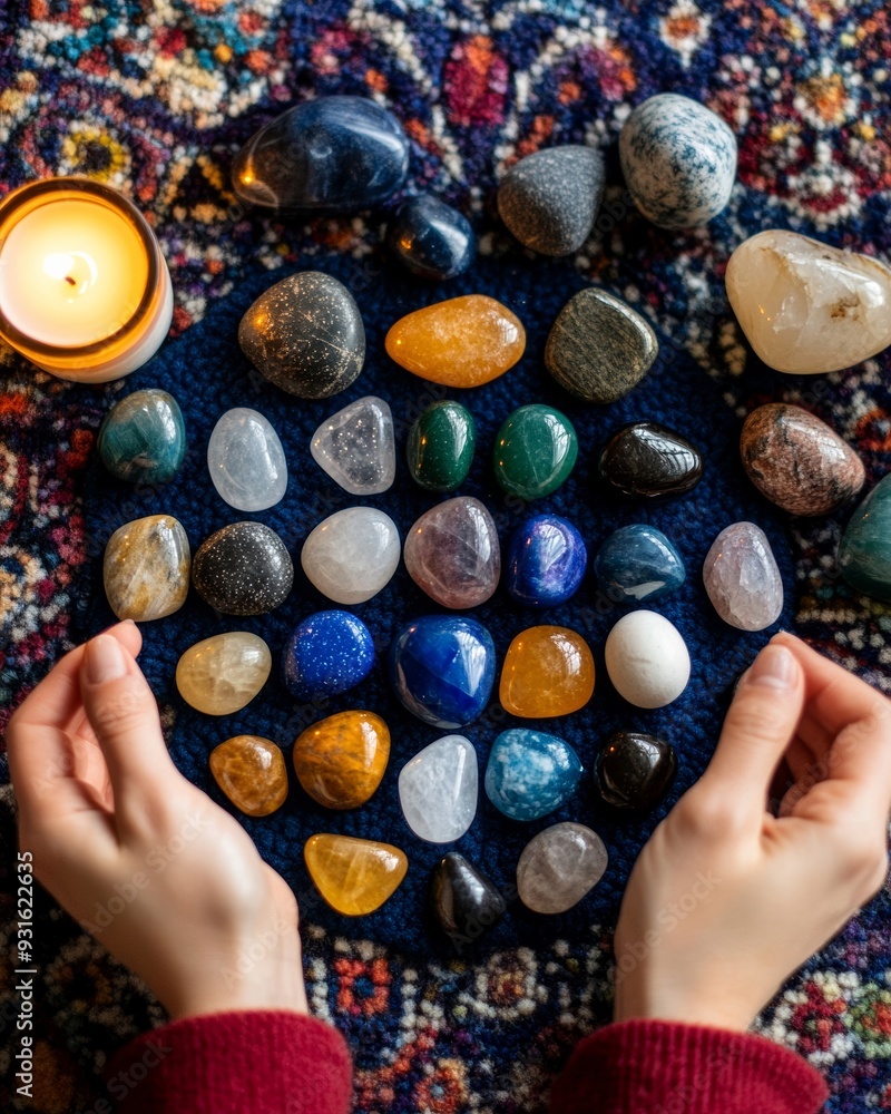 Poster top-down view of a person placing crystals in a specific pattern on a manifestation mat, creating a 