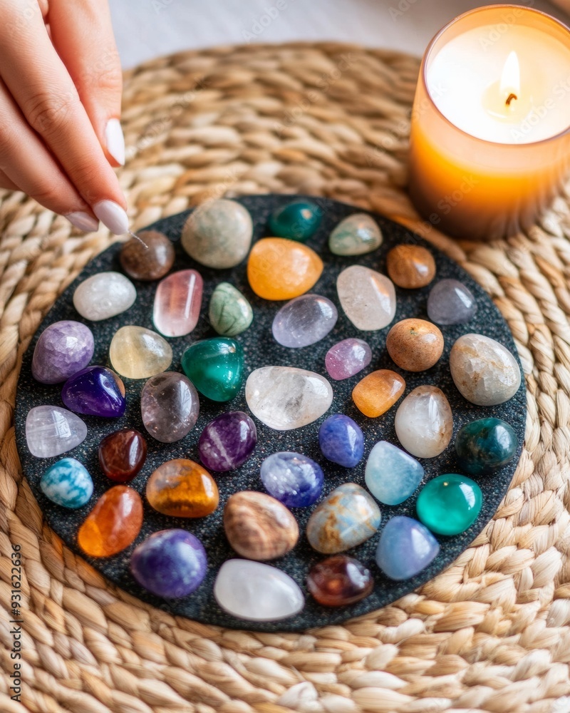 Poster top-down view of a person placing crystals in a specific pattern on a manifestation mat, creating a 